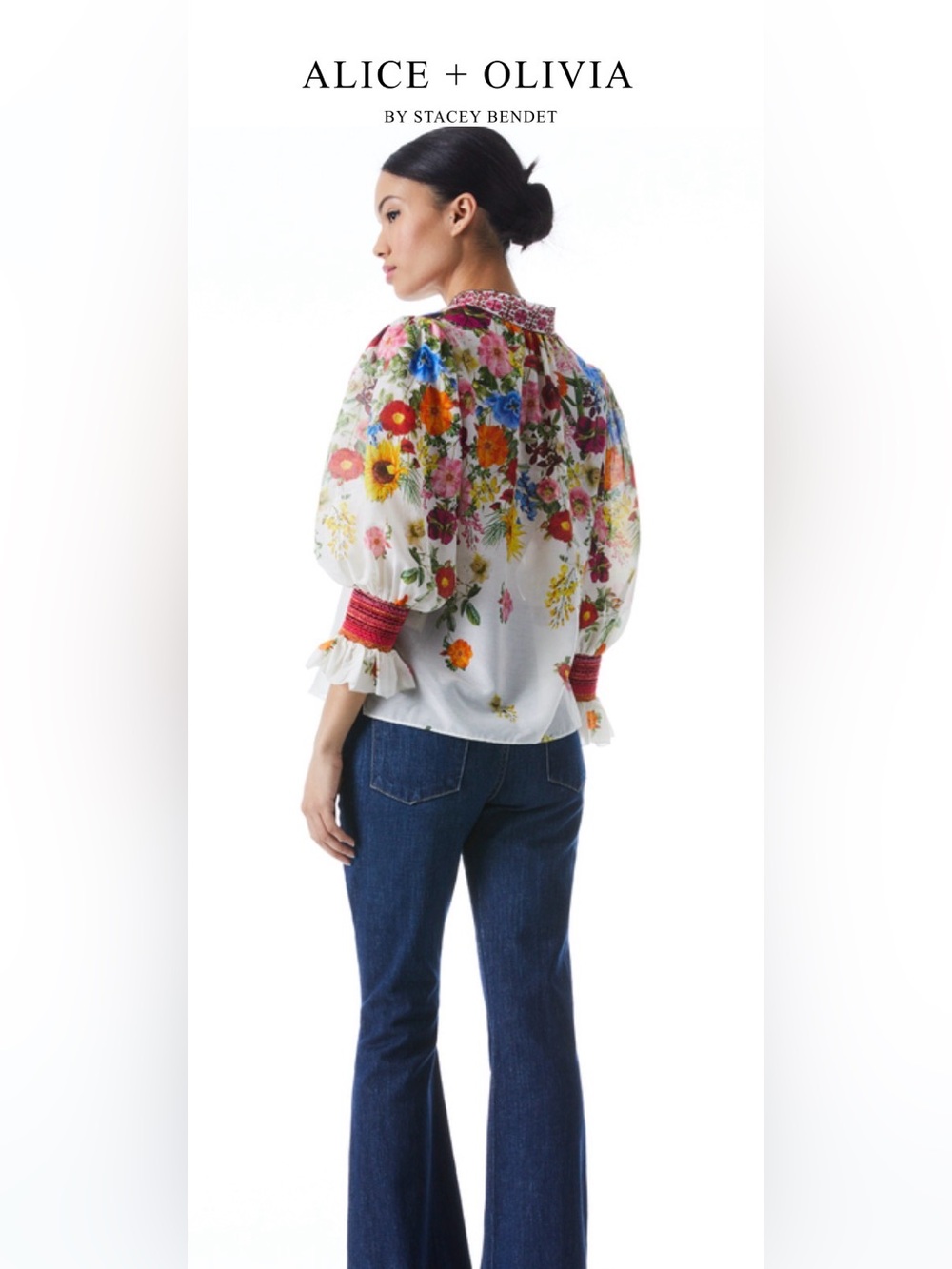 Alice & Olivia ILAN SMOCKED SLEEVE BUTTON FRONT BLOUSE - Picture 2 of 7
